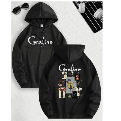 Felpa casual ispirata a Coraline per donna in maglia di poliestere a maniche lunghe, vestibilità regolare, pullover con cappuccio leggermente elasticizzato