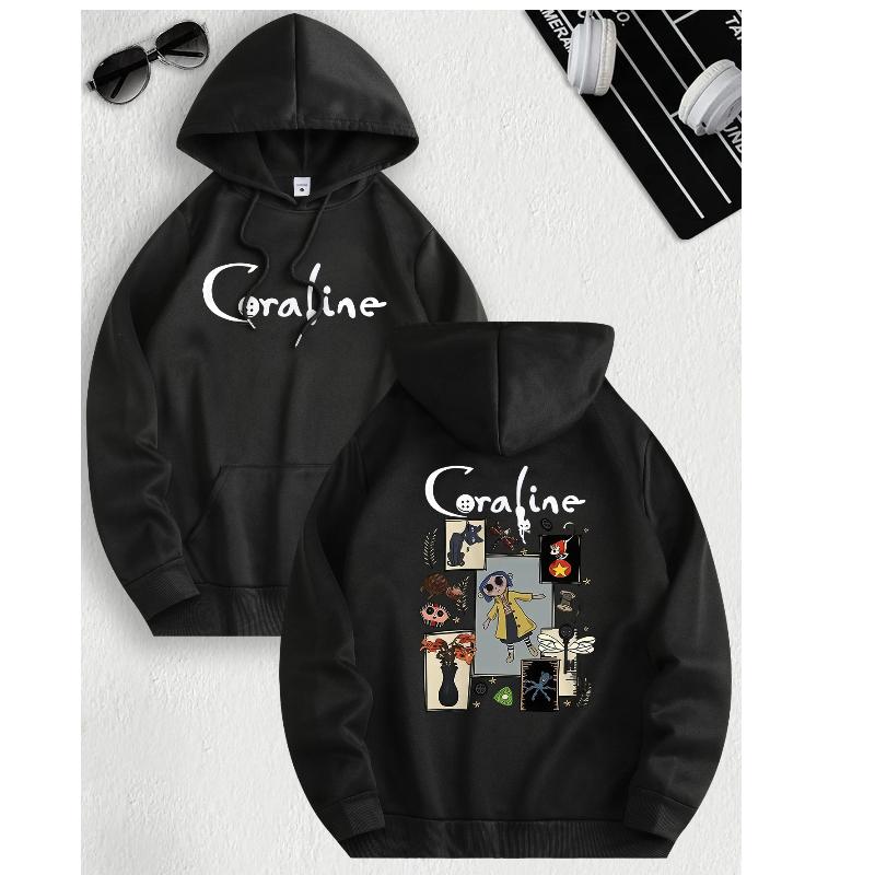 

Повсякденне худі в стилі «Кораліни» для жінок, поліестерове трикотажне полотно, довгий рукав, звичайний крій, пуловер з капюшоном, з невеликим стрейчем M чорний