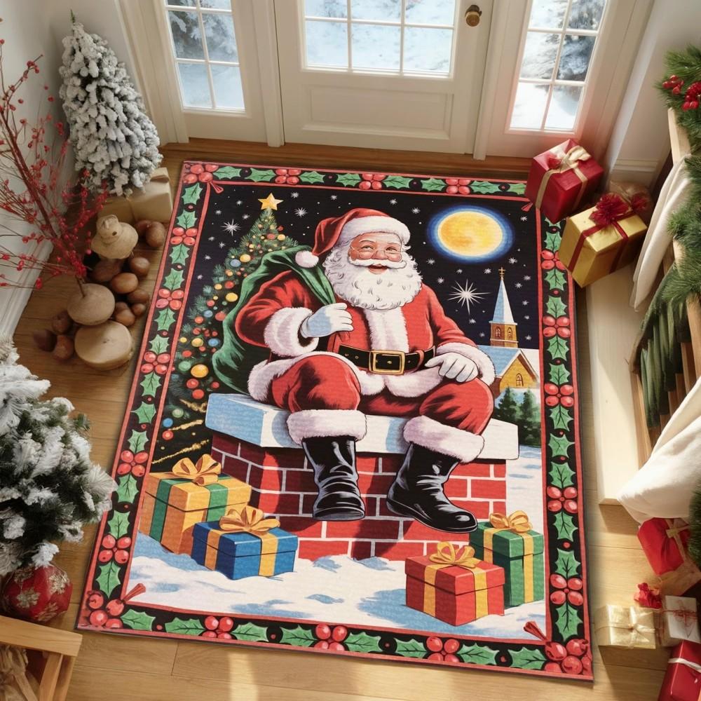 Christmas Santa Chimney Carpet For Living Room Xmas Gift Snow Moon Rug Winter Holiday Bedroom Bedside Floor Mat Home Doormat