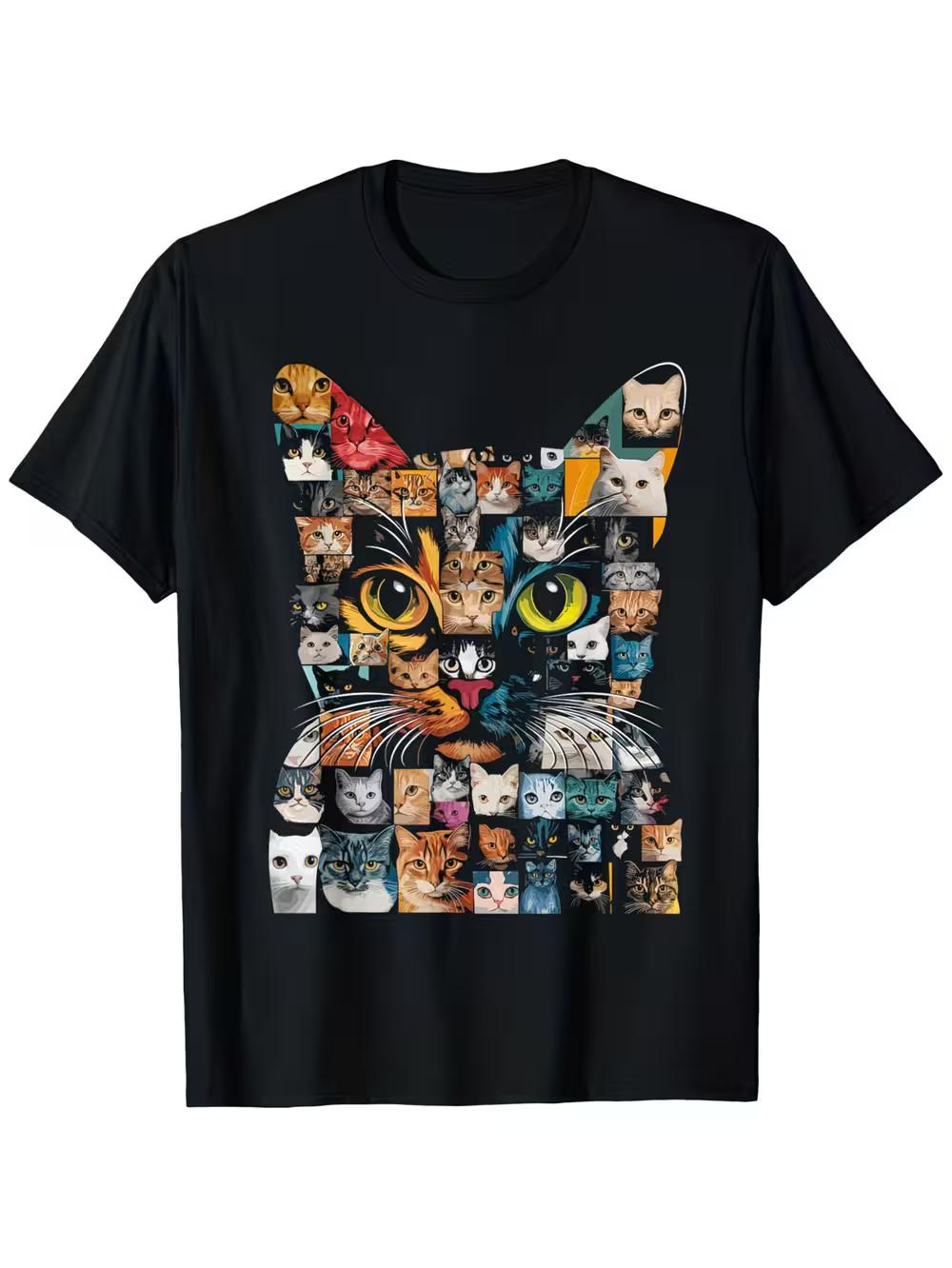 Men s & Women s Cat Lover T-Shirt - Black with Multicolor Cat Face Collage Print M