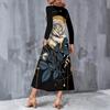 Women Plus Size V Neck Long Sleeve Black Purple Floral Print A Line Midi Dress With Pockets