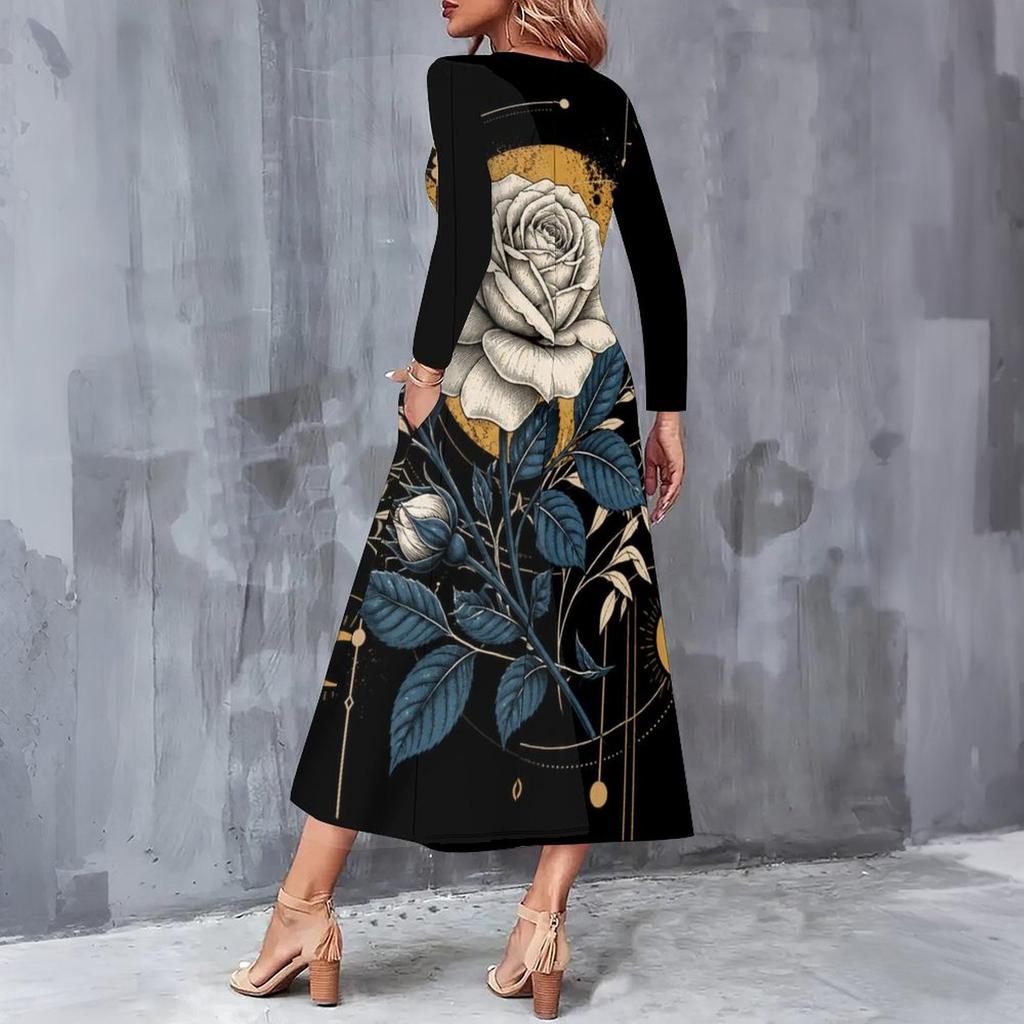 Women Plus Size V Neck Long Sleeve Black Purple Floral Print A Line Midi Dress With Pockets