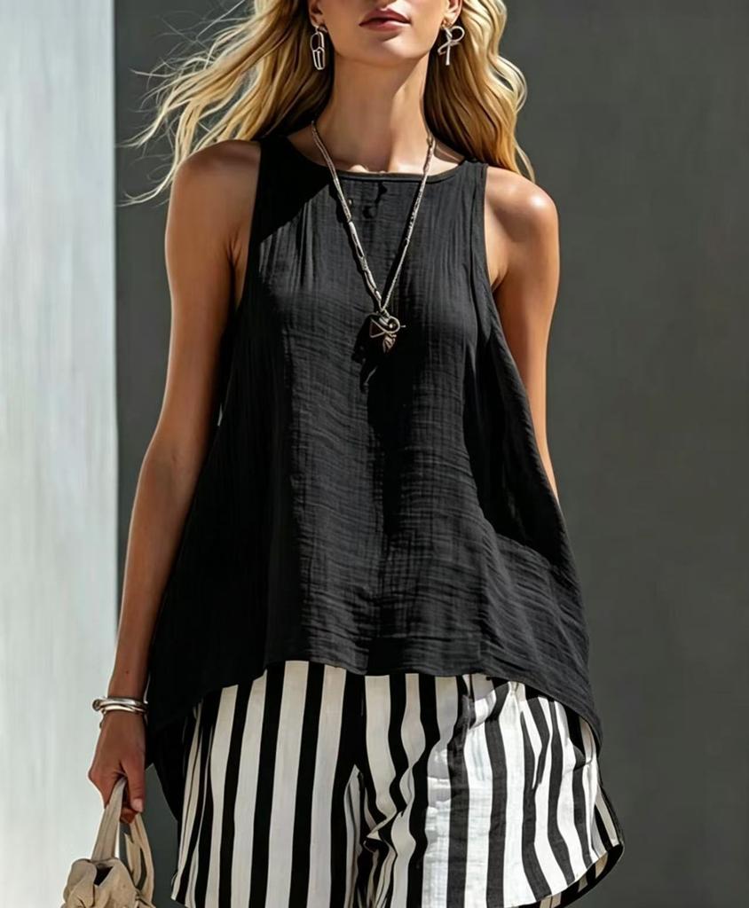 2026 cross-border new European and American style sleeveless striped suit women's summer loose casual two-piece set cross-border trendy