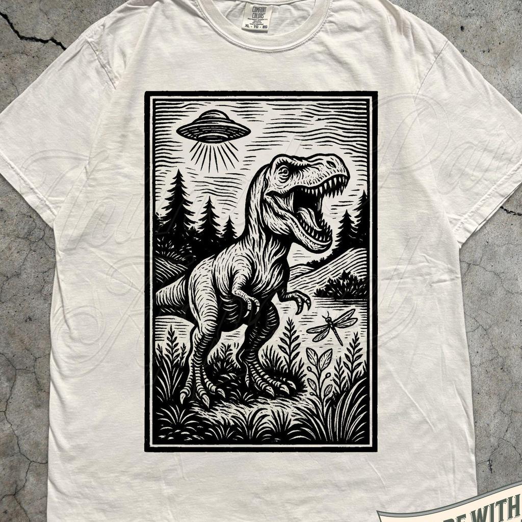 Dinosaur UFO Shirt, T Rex Graphic Tee, Alien Abduction T-Shirt, Retro Sci Fi Top, Funny Dinosaur Gift, UFOlogy Cryptid Novelty Apparel