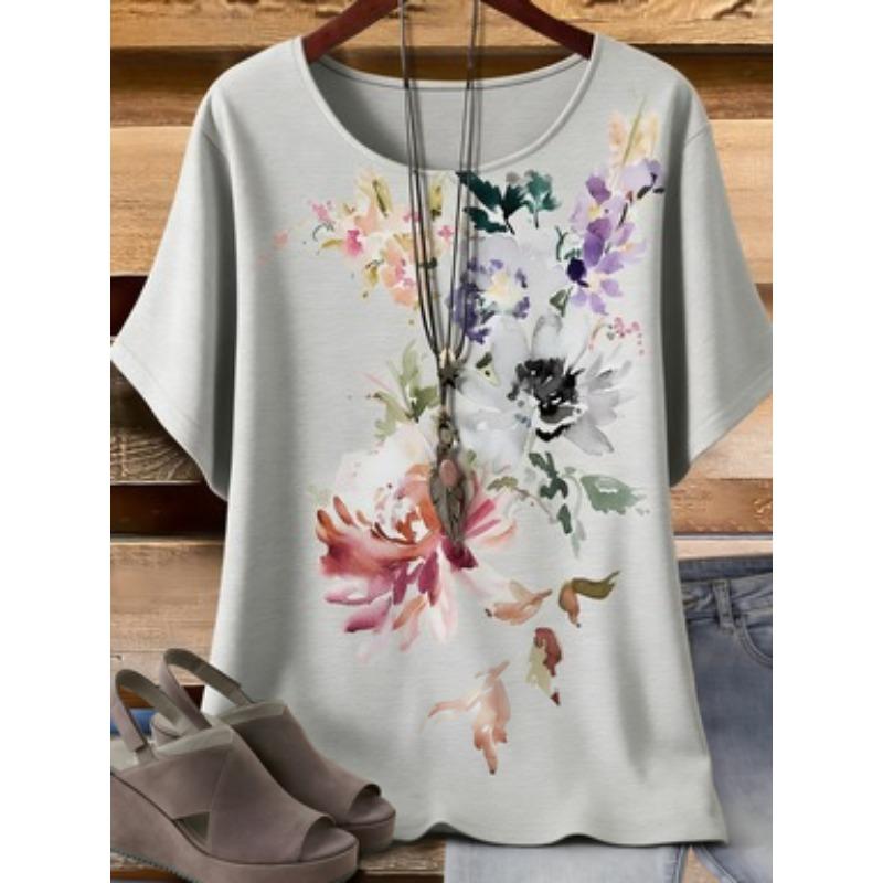 White Watercolor Flower Print T-Shirt, Women's Casual Loose Short Sleeve Crew Neck Top, Plus Size Summer Floral Blouse