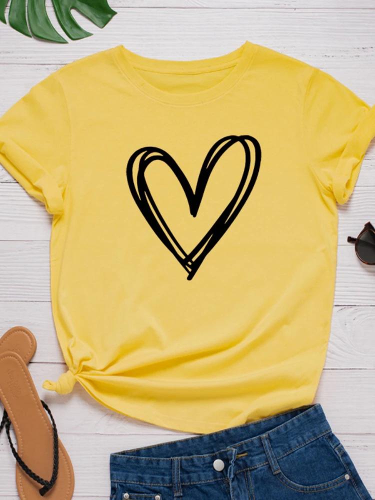 Line Heart Print Women T Shirt Short Sleeve O Neck Loose Women Tshirt Ladies Tee Shirt Tops Clothes Camisetas Mujer