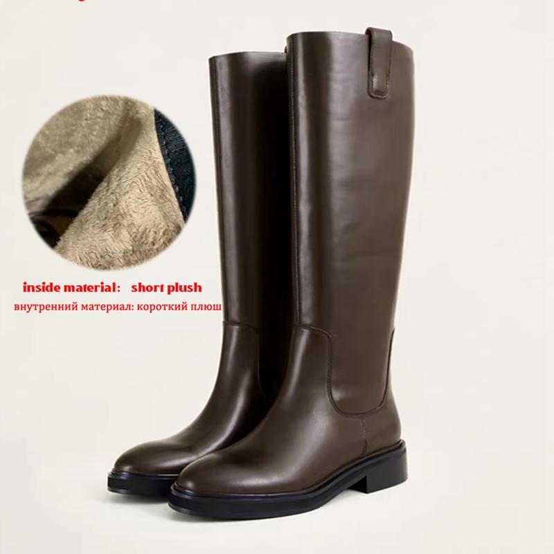 Krazing Pot Kuskinn Skinn Høst Vinter Sko Med hæler Stor størrelse 46 Rytterstøvler Kvinner Holder Varm Lår Høye Støvler