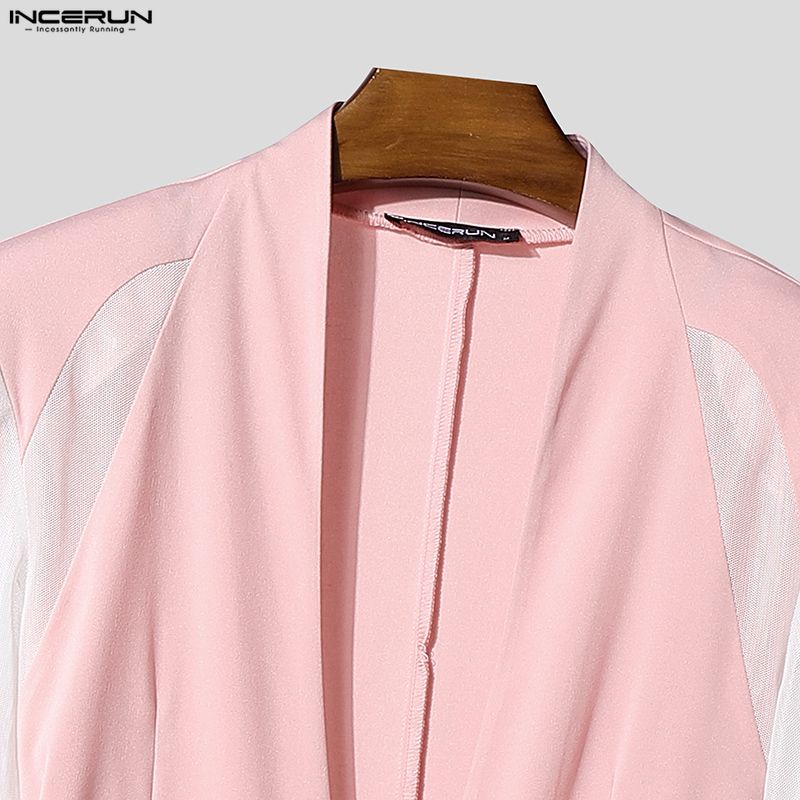 INCERUN Men Long Sleeve Patchwork See Through Mesh Bandage Waist Party Tops Shirts