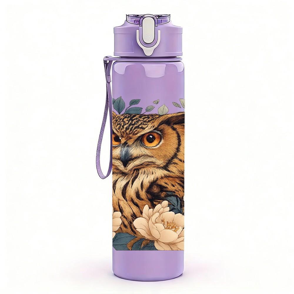 1PC Owl Vintage Flower Decor Print 750ml Color Plastic Sports Water Bottle Leakproof Flip Straw Lid Suitable for Sports Office Home Use