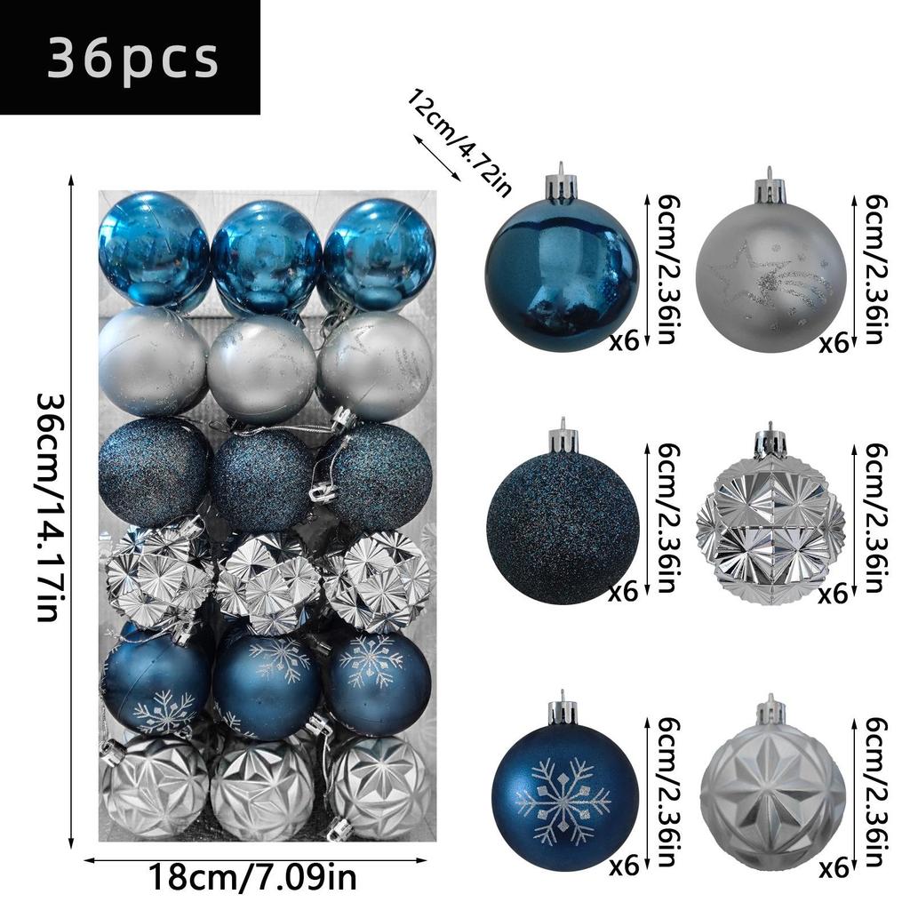 36-Piece Christmas Tree Ornament Set - 6cm Glitter & Painted Irregular Shape Balls