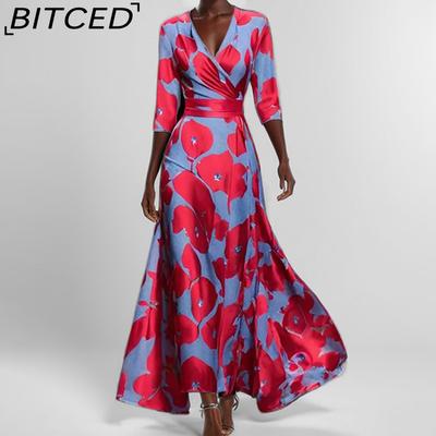 Women's Fashionable Elegant V-Neck Printed Tie-Waist Full-Skirted Dress