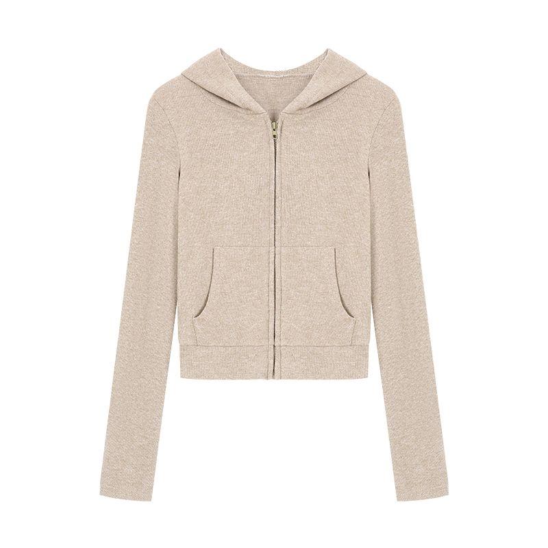 

Пальто цвета овсянки с капюшоном на молнии, с отделкой талии, элегантное, приталенного кроя, с длинными рукавами, для йоги, спортивный кардиган, короткий топ Oatmeal color L