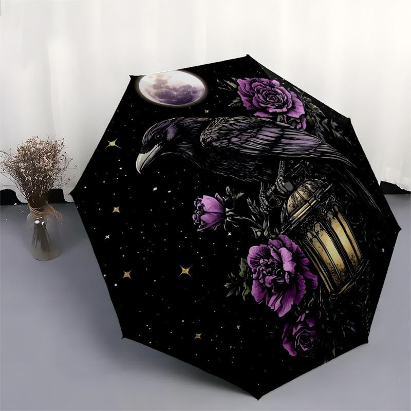 1pc Moonlit Raven with Purple Roses Umbrella with Plastic Handle,Suitable for All Seasons Home Travel Outdoor UmbrellaDD1530