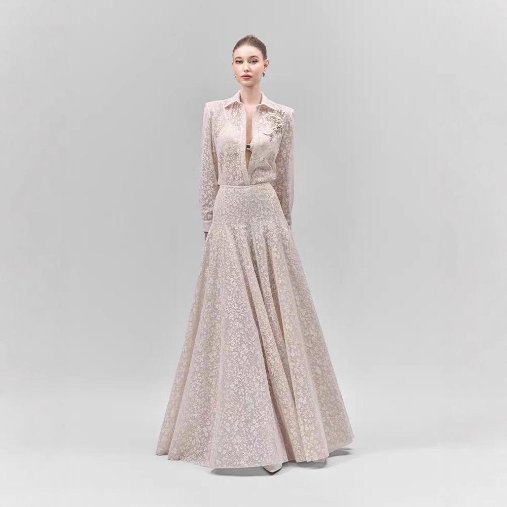 Gentle Style Two-Piece Set: Elegant Floral Lace Shirt & Pleated Long Skirt