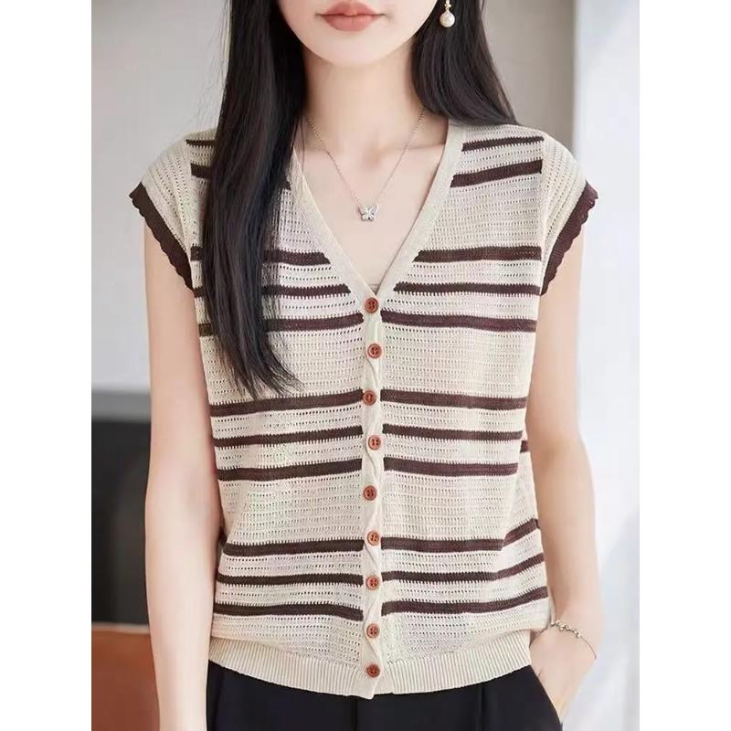Women's Beige Brown Striped Hollow V Neck Button Down Sleeveless Knit Vest