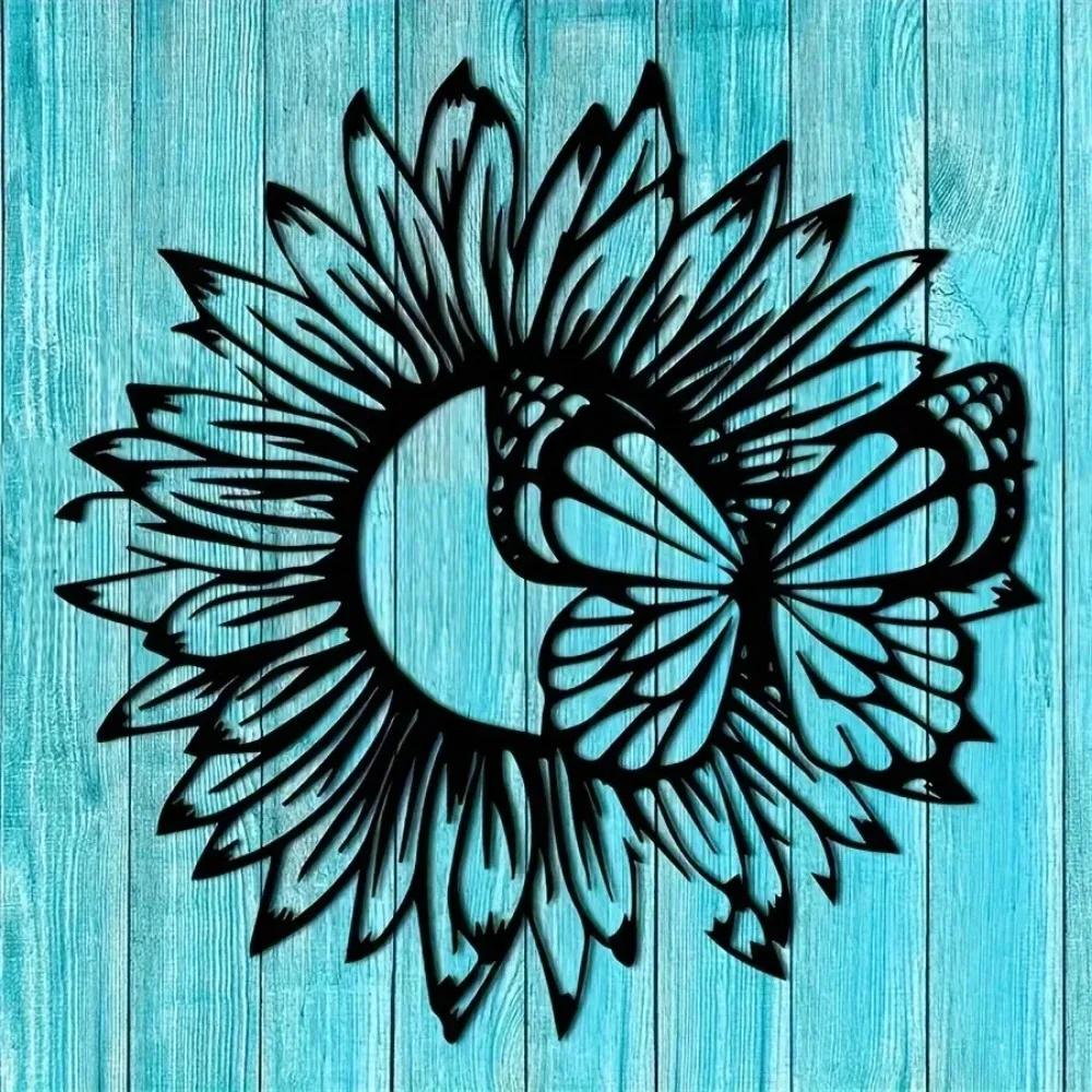 Black Sunflower and Butterfly 2D Metal Wall Art - Perfect Mother's Day Gift. Rustic Indoor/Outdoor Decor. Farmhouse Style Sign.