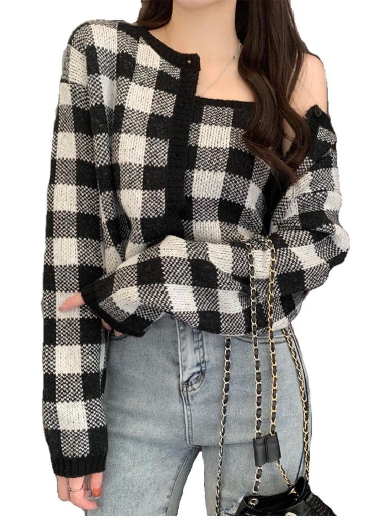 Korean Fashion Knit Long Sleeve Gingham Korean Short [KOREARU] Women's Sweater, Check, Camisole/Cardigan Set, Flattering, Stylish, Cute, Clothing,