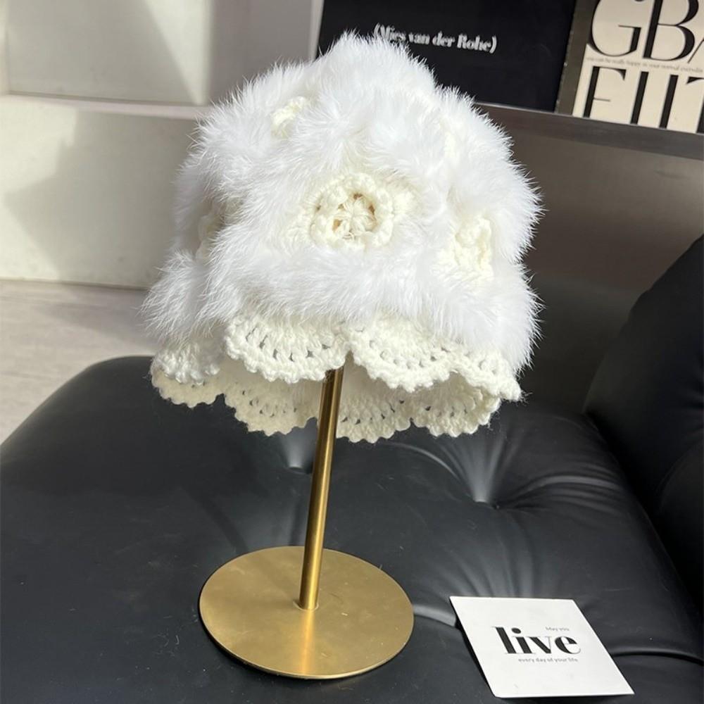 Rabbit Fur Earflap Bucket Hat Warm Plush Hat Trendy Fluffy Knitted Skull Cap  Daily Wear