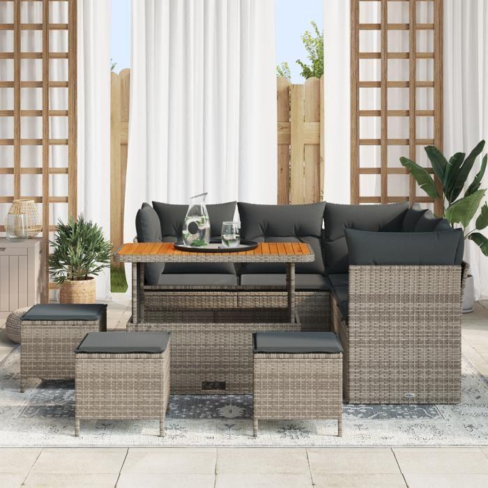 Ensemble de Canapé de Jardin de 9 Pièces Avec Coussins Gris Poly Rattan Acacia, Ensemble de Salle à Manger de Jardin de 4 3361493