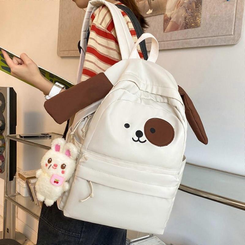 Cartoon Doggy Ears Nylon School Backpack Laptop Backpack School Bag for Student Teenagers Travel Casual Book Bags  White