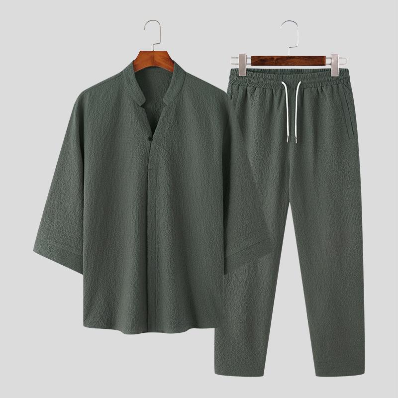 

INCERUN 2 шт. костюмы мужские топы и длинные брюки на шнурке одежда для дома 3XL зелёный