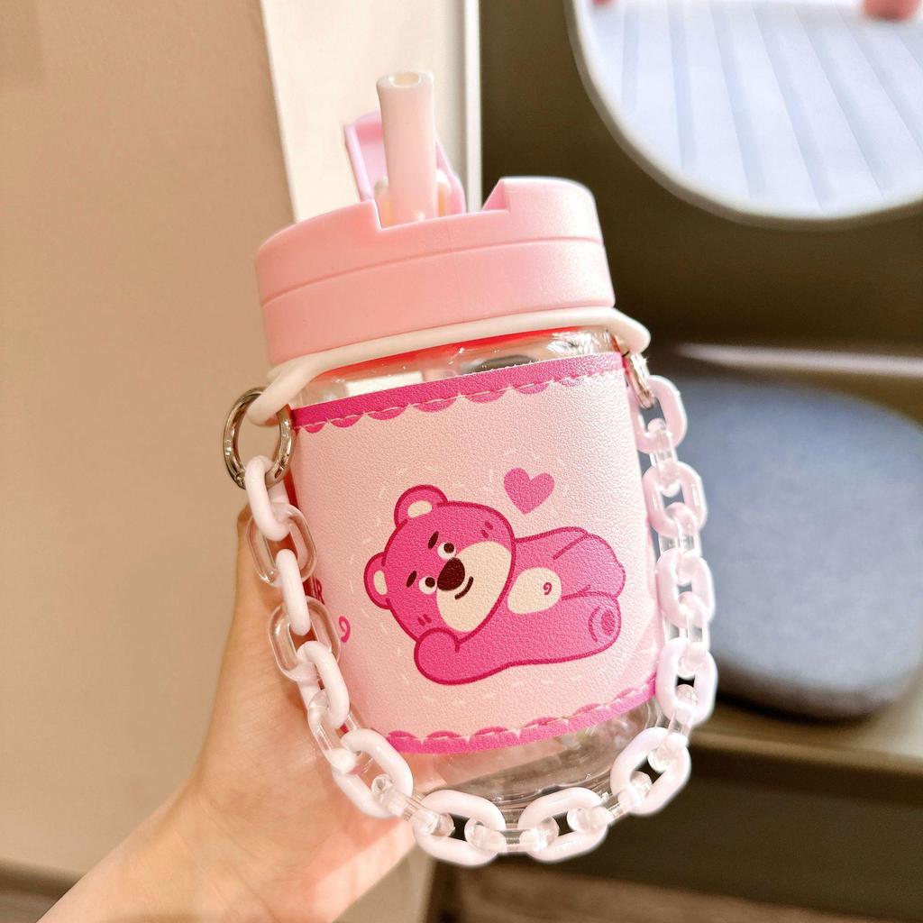 Adorable Bear Pink Straw Cup with Leather Case & Anti-Scalding Design - Portable Bracelet-Style Water Cup for Girls