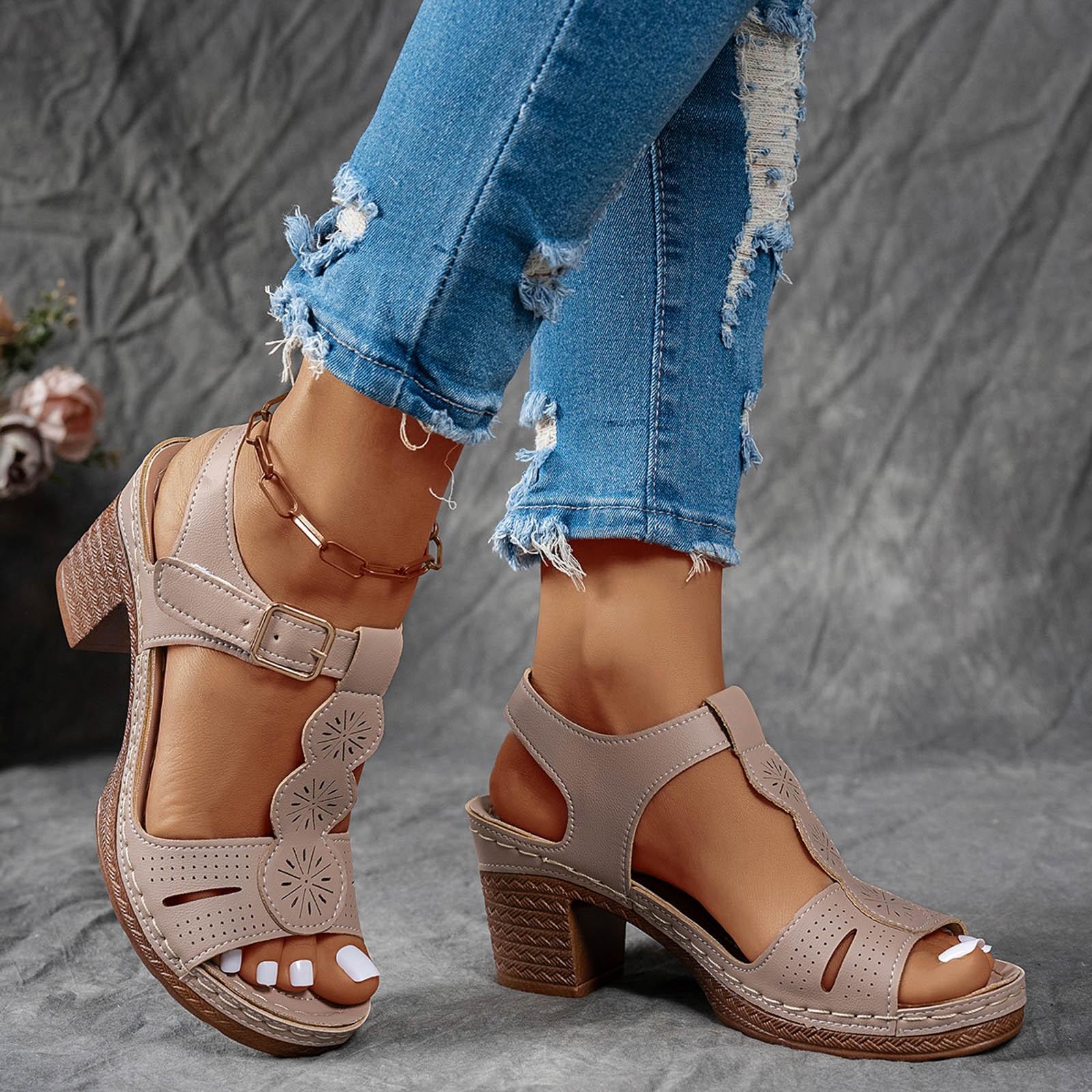 

Womens Leather Sandals Thick Heel Round Toe Women S Shoes Fashionable And Casual Hollow Straps Outdoor Wear Sandalias De Mujer 38 сірий