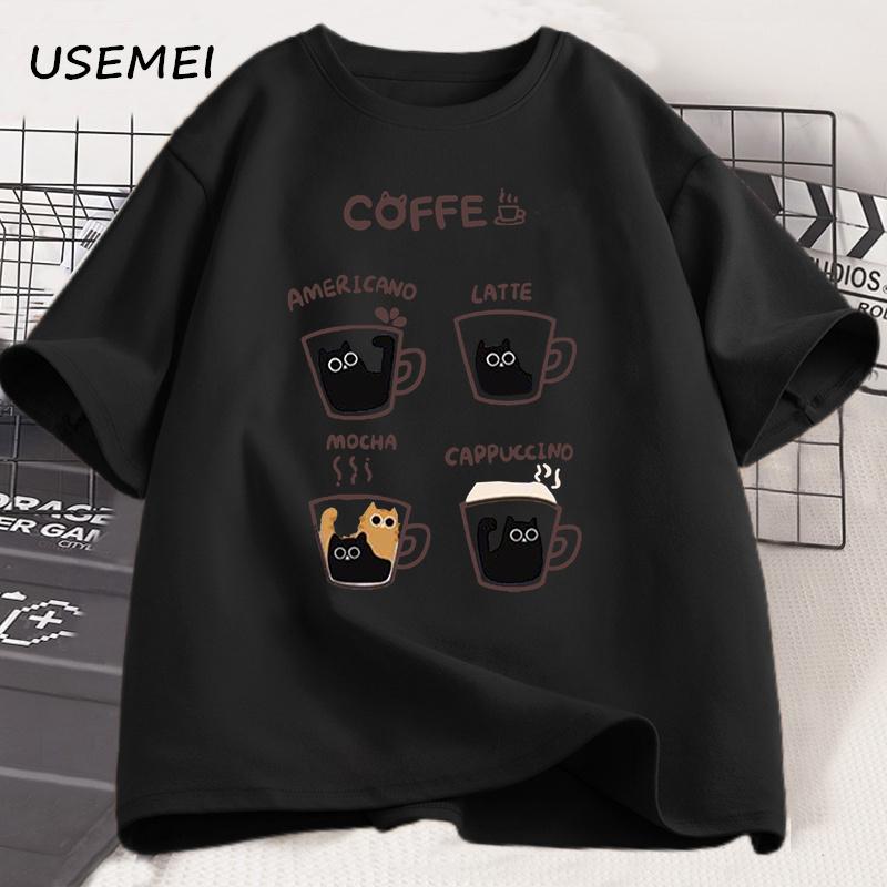 Cartoon Coffee Cat T-Shirts Men Women Summer Harajuku Kawaii Cat Printed Short Sleeve Tees Funny Streetwear Loose Clothes