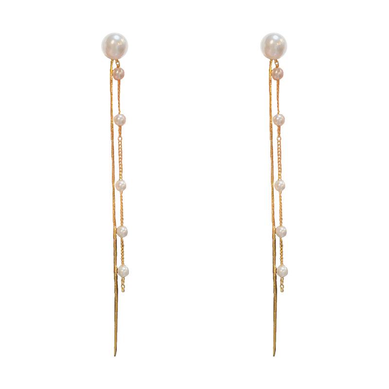 Korean Style Versatile Pearl Tassel Earrings - Slimming Effect, Chic & Sweet Design