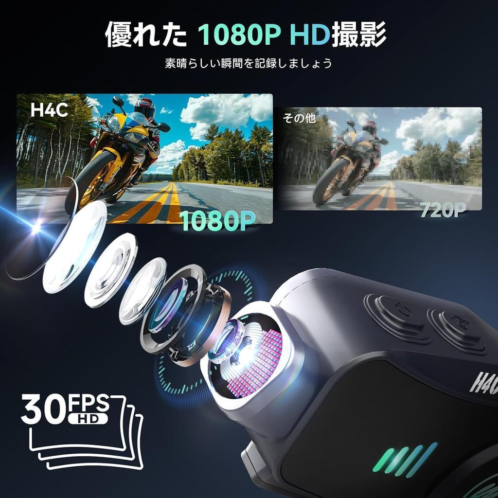 Motorcycle Moman H4C Intercom with 1080P Hours Video Rotating 32GB Memory Card IPX6 WiFi Loop Helmet Headset Headset, Camera, Recording, 6.5