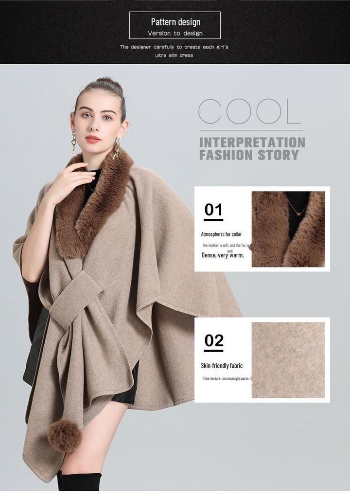 Autumn/Winter Knitted Scarf Shawl Cape with Fur Collar and Pom-Poms (Style 0962#)