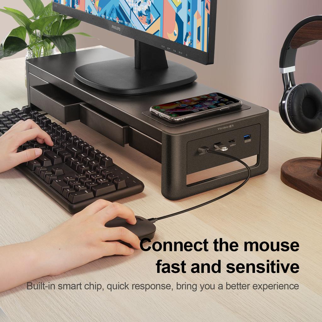 Monitor Stand Riser USB3.0 Hub Support Data Transfer and Wireless Charging with Drawer Storage Box Desk Organizer for Laptop PC