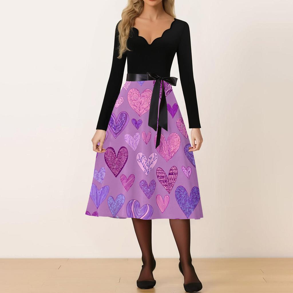 Damen Casual Mode V-Ausschnitt Valentinstag Print Retro Kleid