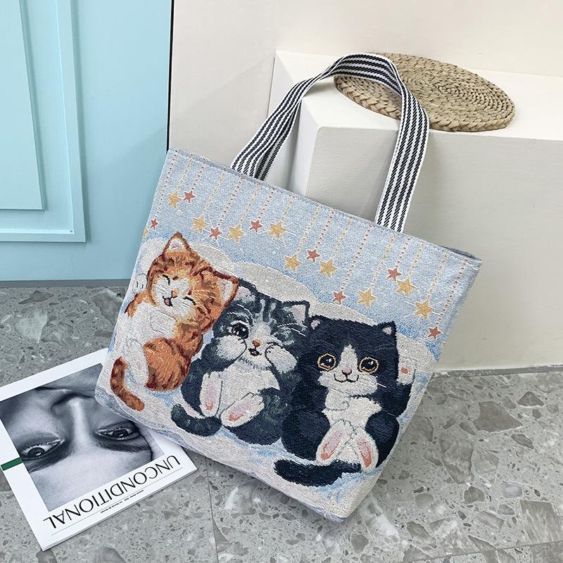 Portable Jacquard Bag Kitten Large Embroidered Canvas Bag Shopping Fashion Shoulder Women's Bag Tote Bag