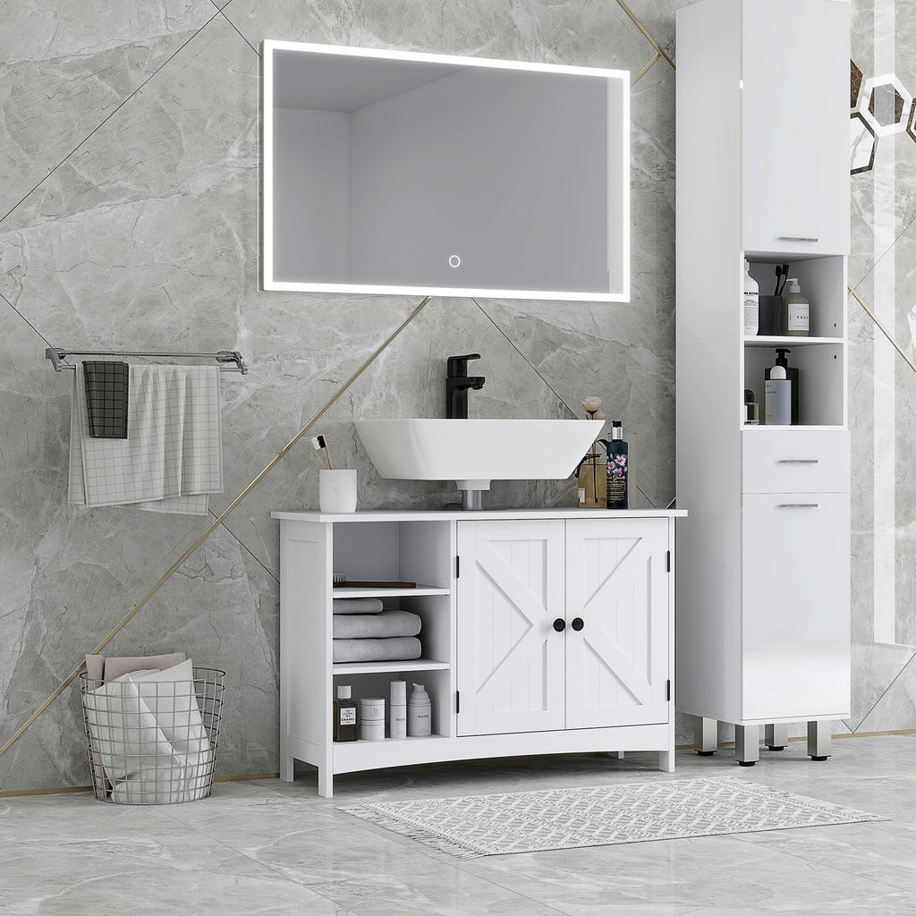 Bathroom Vanity Unit with 2-Door Cabinet and 3 Open Shelves, Made of Wood. 90x30x60cm. White