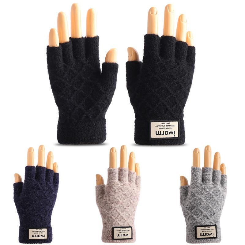 iwarm loves warmth, winter half-finger cashmere gloves, cold-proof and warm jacquard for men and women, piled thickened knitted gloves