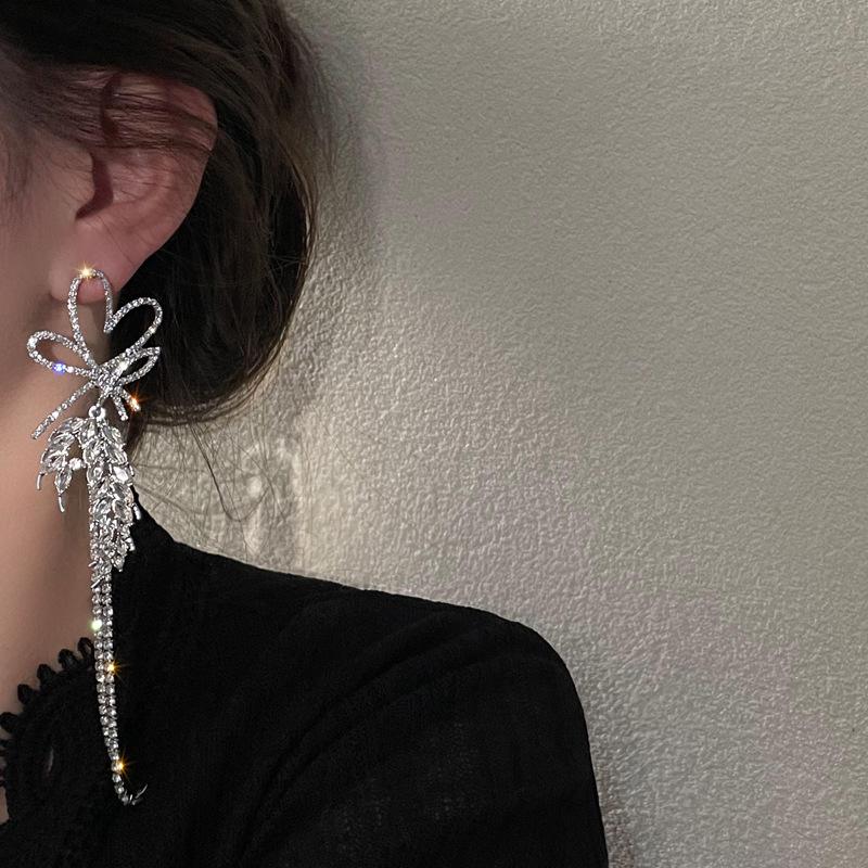 Silver Needle Diamond Heart Earrings: European & American Fashion Long Tassel Bow, Vintage Style for Women.