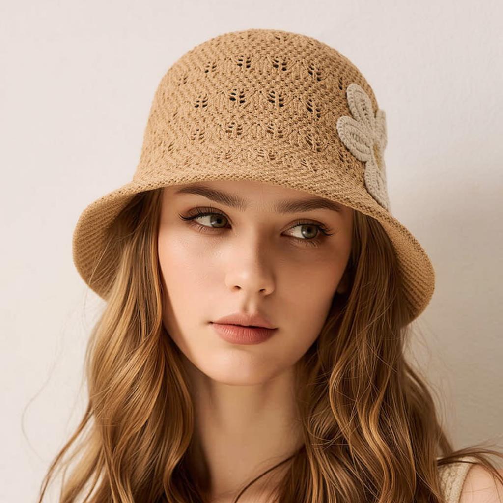 3D Flower Embroidered Knitted Fisherman Hat for Women, Summer Sunshade and Sun Protection Straw Hat/Basket Hat