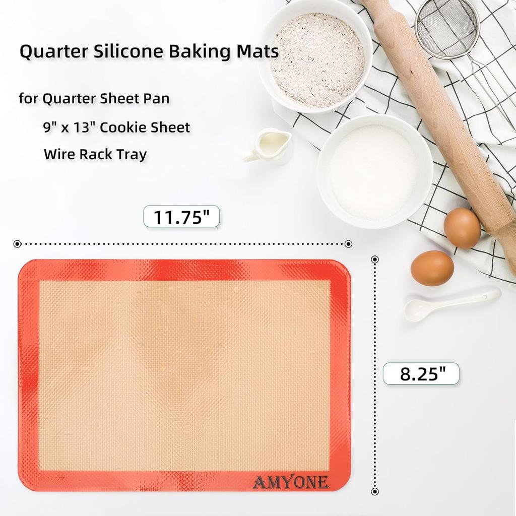 AMYONE Quarter Sheet Silicone Baking Mat, 2 Pcs Non-Stick Silicone Baking Mats Cookie Sheet for 9x13 Baking Pan, Reble Baking Sheet Liners Compatible