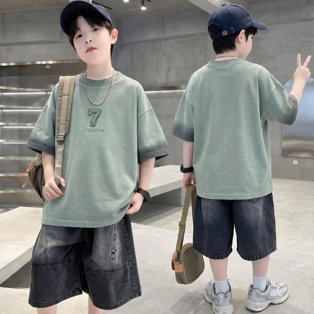Teen Boys Set for Child Elegant T-shirts + Denim Shorts 2PCS Clothes Set Summer Kids Clothing Set