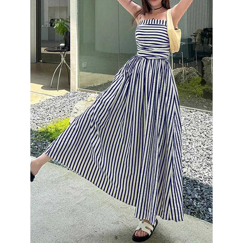 Vertikal gestreiftes Kleid Spaghettiträger Bandeau Schulterfrei Raffung in der Taille A-Linie Mit Taschen Sommerlich Lässig Strandurlaub Damen Langes Kleid