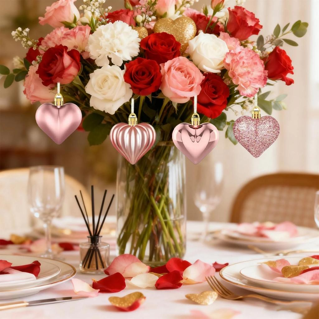 12pcs Valentine's Day Heart Shaped Ornaments, Valentine's Day Hanging Decorations, Heart Shaped For Wedding Party Valentine's Day