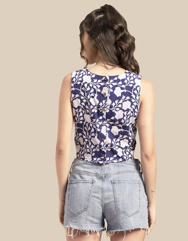 Moomaya Women  s Printed Sleeveless Cotton Short Top, Round Neck Blouse Crop Top, Buttoned