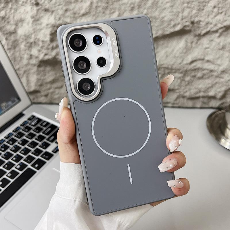 For Magsafe Magnetic Luxury Solid Color Liquid Silicone Lens Bracket Phone Case For Samsung S25 Ultra S24 Ultra Bumper Cover