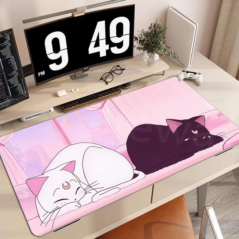 Mouse Pad Black Cat Large Keyboard Gaming White Desk Mat with Stitched Edge Rubber Antislip Coumputer Mat Carpet Mousepads