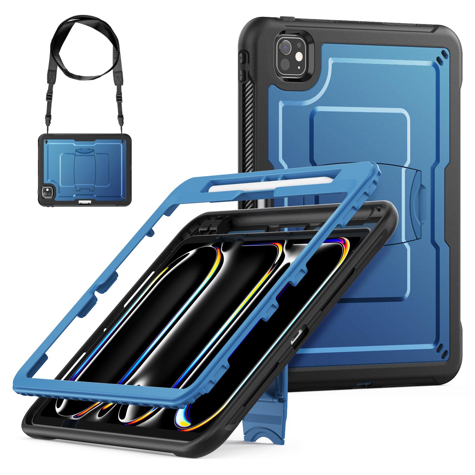 

For iPad Pro 11 (2024) M4 A2836 Case Hidden Zinc Alloy Kickstand PC+TPE Tablet Cover with Shoulder Strap Navy Blue