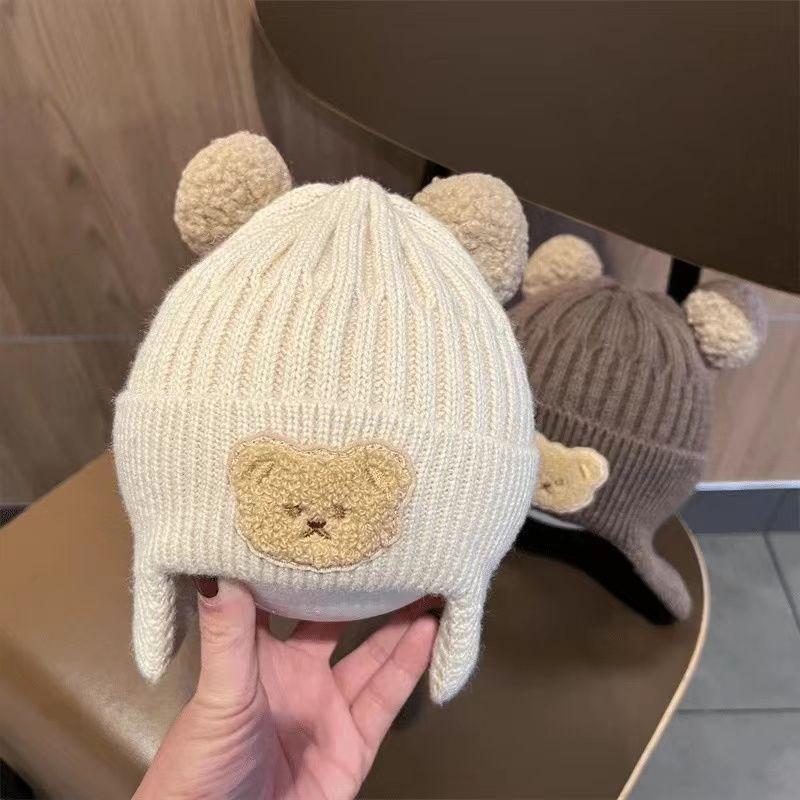 Cappellino invernale per neonato berretto a forma di orso coreano cappello invernale in lana a maglia per bambini berretto tinta unita cappello invernale per neonato con paraorecchie