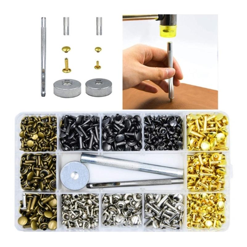 480 Sets Leather Rivets Double Caps Rivets Tubular Metal Studs with 3 Setting Tool Punch Plier for Leather Craft Repair