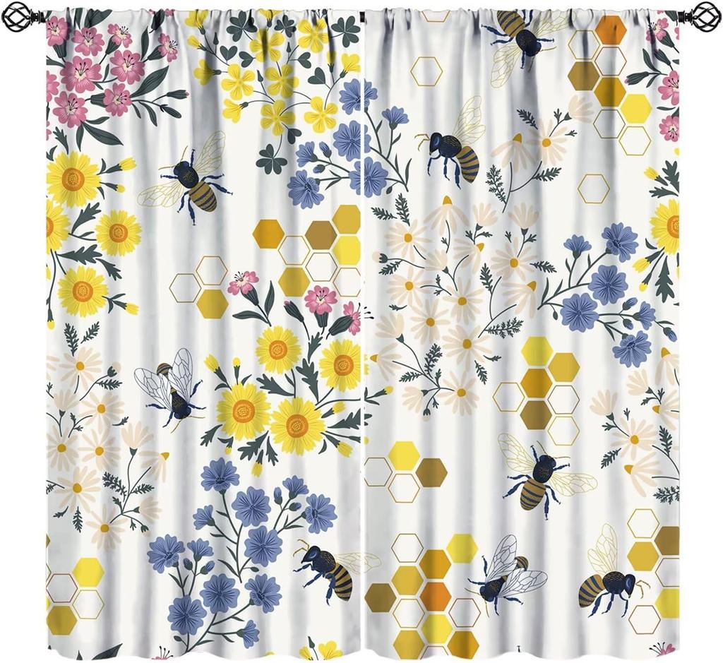 Bee Curtains Boy Girl Bedroom Spring Yellow Honeybee Inspirational Art Printed Window Drapes Living Room Curtain Light Blocking Polyester Ideal For