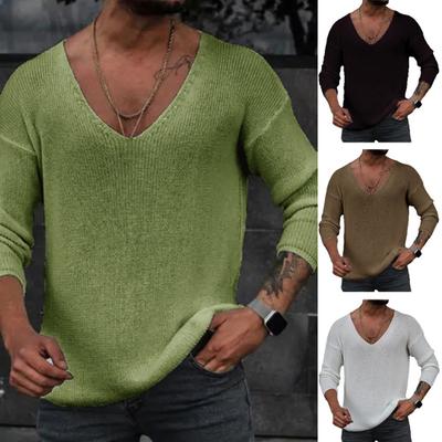 Men Spring Autumn V-neck Long Sleeve Sweater Loose Fit Solid Color Bottoming Pullover Tops Simple Casual Knitting Tee Tops